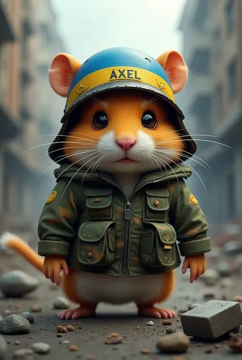 Create me a military hamster with Axel written on his helmet and a Ukrainian flag 