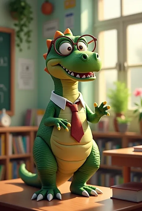 A cute green t-rex dinosaur English teacher 