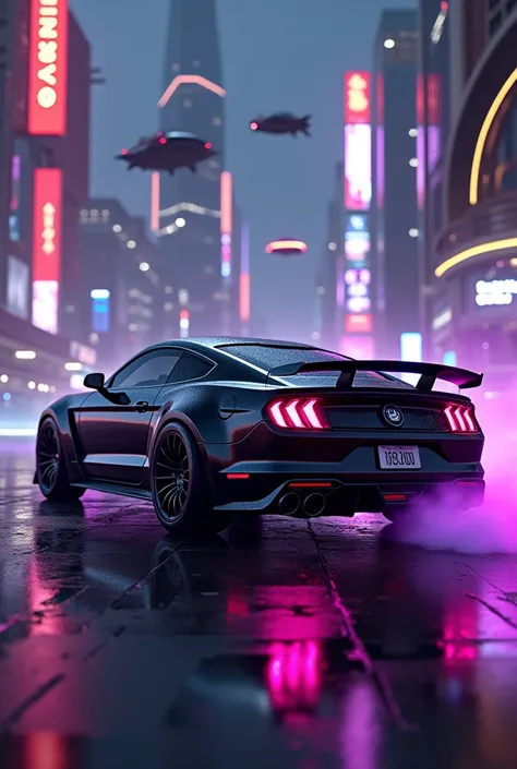 Generate an image of a black Shelby Mustang GT 500 in the world of Futurama with black rims and purple fire in the exhaust 