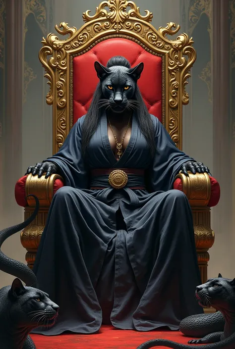 Female panther wearing black belt jiu-jitsu kimono, sitting on the throne with snakes and other panthers kneeling worshiping her