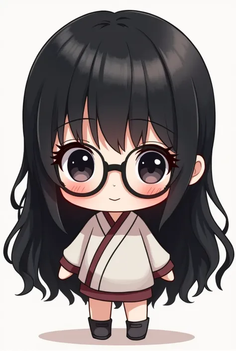 A chibi character, long black hair , with black square glasses, pink lips , black eyes round nose , korean eyes 