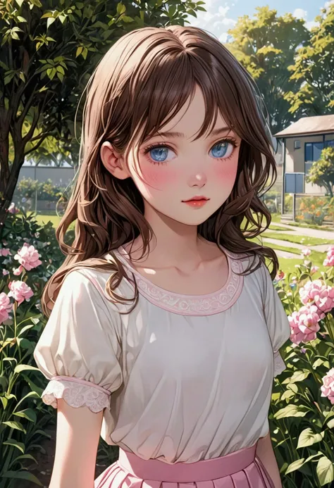 Young girl with delicate features, thin but cute face, light white skin with a slight blush, light blue eyes, long, slightly wavy brown hair with pink highlights, wearing a white long sleeve dress shirt underneath a light yellow short sleeve knit blouse an...