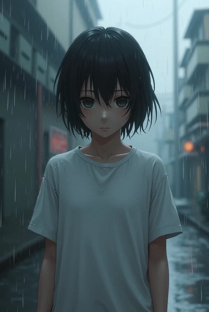 Medium black hair boy with white t-shirt sad in a rain