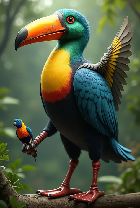 Make me a duck with a toucan with a human body with a parrot in his hand.