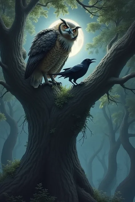 Imagine a dense, moonlit forest where a towering oak tree stands prominently. On one of its gnarled branches, a fierce and majestic owl perches, its feathers a mix of shadowy grays and browns, blending seamlessly with the night. The owls eyes, glowing with...