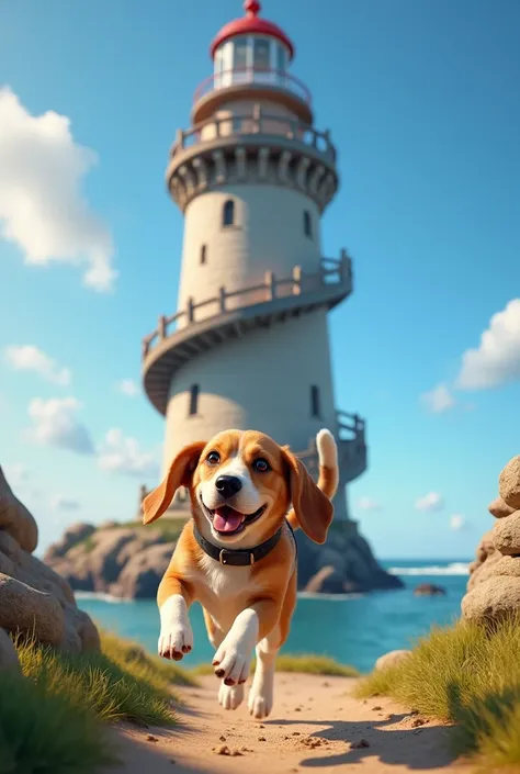 (photorealism:1.2), beagle running around the tower of hercules 
