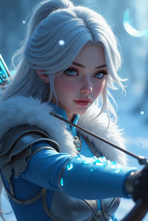 1girl, best aesthetic, lolsplashart, Ashe the Frost Archer, detailed archer face, beautiful detailed eyes, beautiful detailed lips, extremely detailed face, long eyelashes, holding bow and arrow, upper body, cinematic lighting, dramatic colors, blue and wh...