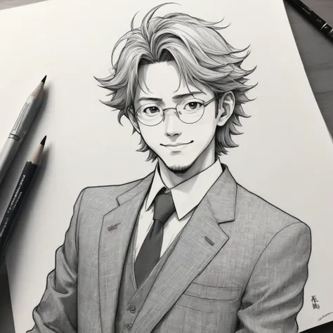 Anime line art, by Naoki Urasawa, sketch, best quality, masterpiece, very aesthetic, perfect composition, intricate details, ultra-detailed, B&W, face,ember、suit、business、sincerity、Nihilistic smile、I have a MacBook