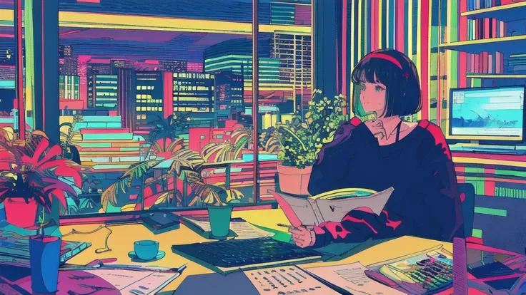 colorful neon lights, 1girl, lush plants, cat, mug, sitting, potted plants, laptop, hairband, alone, computer, single hairband, table, wide shot, long sleeves, black hair, stool, holding mug, indoors, chair, flowers, window, aqua shirt, air conditioner, sw...