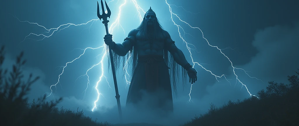 Cinematic lights,Masterpiece,8k,HDR,highly detailed ,huge Hindu god ,trident,long hairs,no beard , gods , lightning ,night,realistic