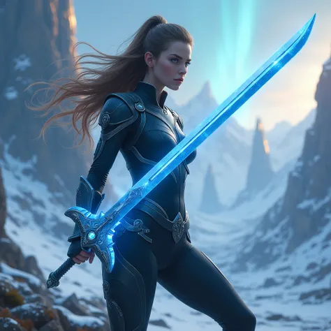  warrior girl with black suit  asgard mythical with blue sword