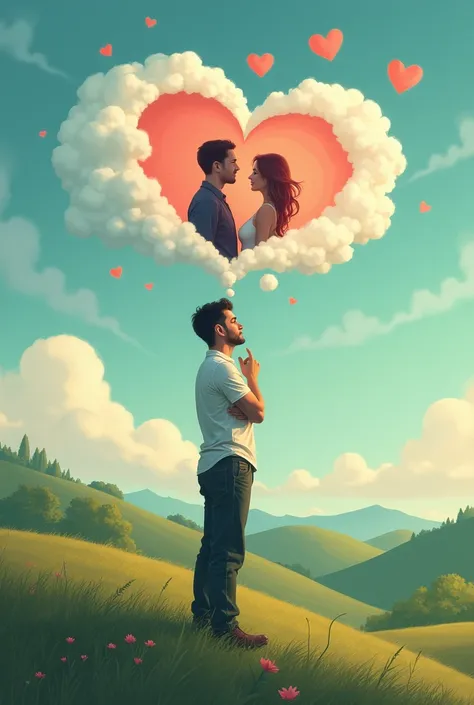 A man in a landscape ,that he is thinking a lot about his beloved, that she can be seen in his thoughts in a romantic style with hearts and that it can be used for the cover of a CD in paint 