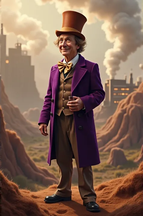 Draw a highly realistic but semi-drunk Willy Wonka, as if he owned the hill, he will be happy looking like he smells like chocolate powder 