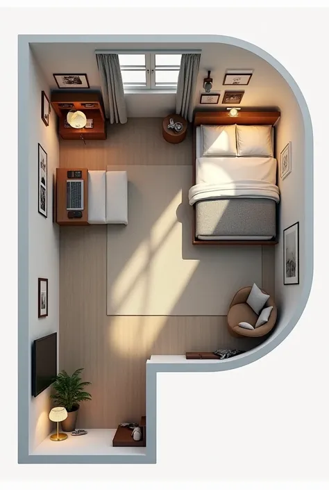 Create a small modern P-shaped bedroom plan for a  with furniture included