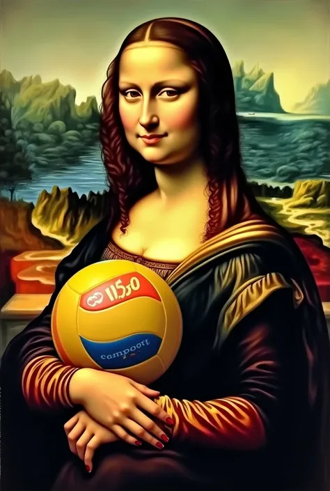 a reinterpretation of the mona lisa with a volleyball player&#39;s shirt and a volleyball in her hand