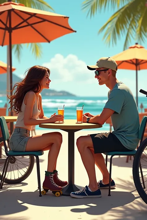 A brunette woman with wavy hair is at an outdoor restaurant in Santa Monica. She is barefoot, with her roller skates on the ground beside her. Across from her, a blonde man wearing a cap and sunglasses is sitting at a table with his bicycle leaning against...