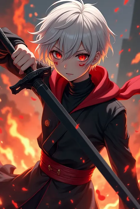 personagem de demon slayer, with short white hair, Red eyes, a red mark on the face,  with a black sword breathing fire