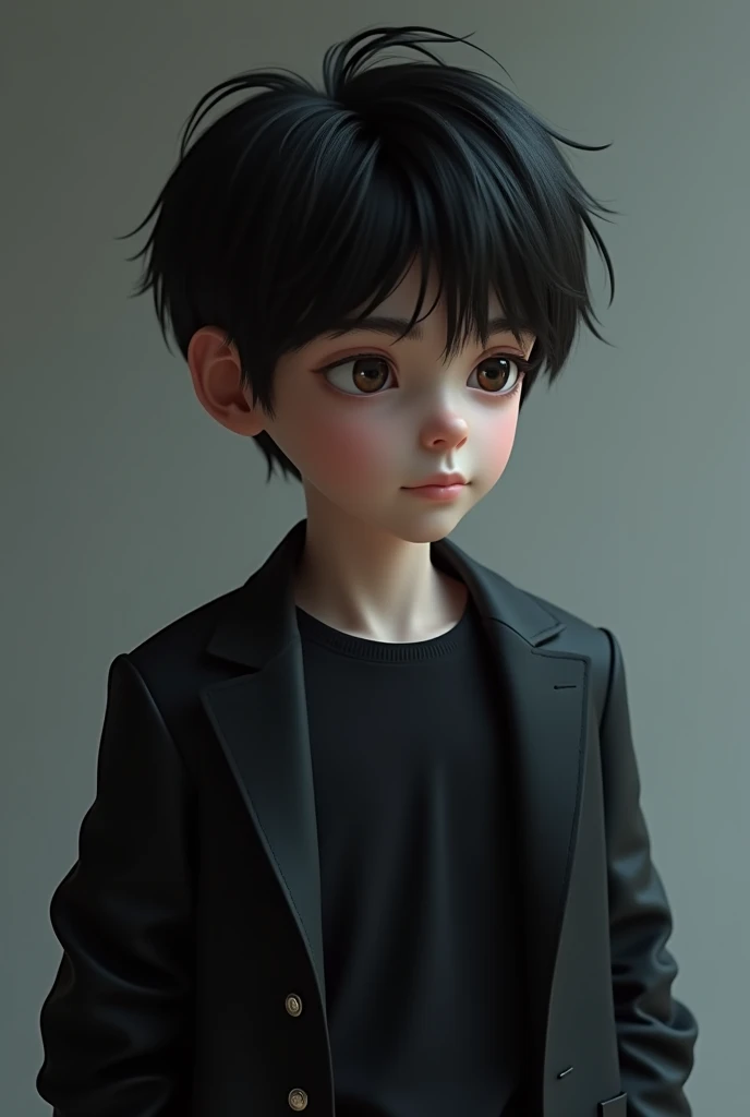 Medium black hair boy with black t-shirt and black jacket 