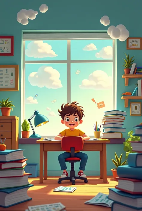  Cartoon image of "A room full of distraction like distracting thoughts, noise, conversations flowing, phone is buzzing, yet the boy is focuses at his studies. "
