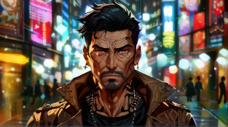 Mature man, short black hair, red eyes, brown overcoat, black t-shirt, cross chain, earring, tattoos all over the body up to the neck, serious expression, empty dark night European city background, ((Intricate anime character design inspired by Paranormal ...