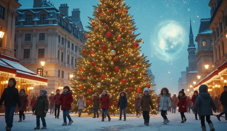 Children playing around a big Christmas tree on the middle of the street, smiling, magical realm background, dreamy, cinematic, ultra-realistic, 4K resolution
