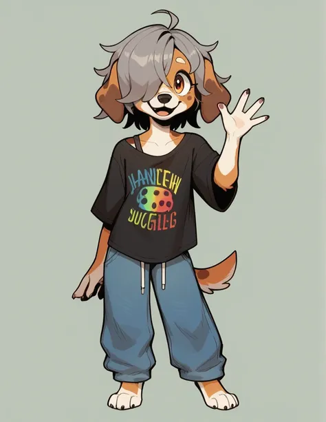 anthro, furry, fur, cute fur, beagle dog, score_9, score_8_up, score_7_up, score_6_up, score_5_up, score_4_up, standing alone, shorth hair, cabelo roxo, bangss, dark locks, (bangs covering one eye), purples eyes, 1boy (femboy), female face and body, Messy ...