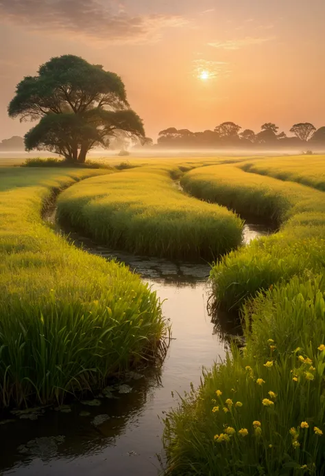 Serene landscape at dawn, with a soft ray of sunlight illuminating the horizon. The atmosphere conveys peace and closure, like the end of a long journey.