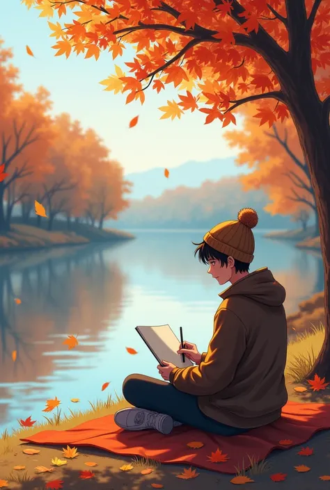 "An anime-style wallpaper of a serene riverbank in autumn, with trees full of red, orange, and yellow leaves. An introverted young man with a beanie and a warm jacket sits on a blanket, sketching the scenery in his notebook. Leaves gently fall around him, ...