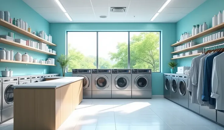 "A modern laundry and dry cleaning facility with a clean and tidy environment. The space has white walls with touches of light blue and shelves organized with cleaning products and detergents.. In the middle, There are several stainless steel washers and d...