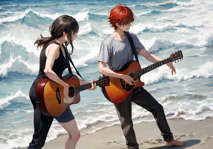 one playing guitar while one dancing on the beach