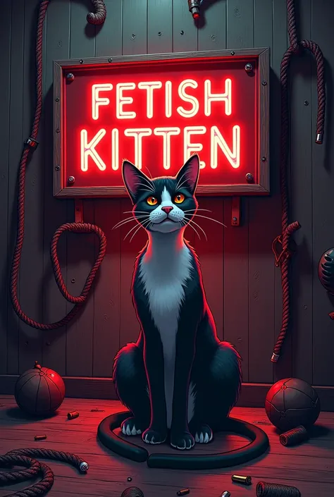 A large sign that says fetish kitten with a cat drawn in BDSM style
, that BDSM objects such as whips are seen around, ropes, antifaces etc