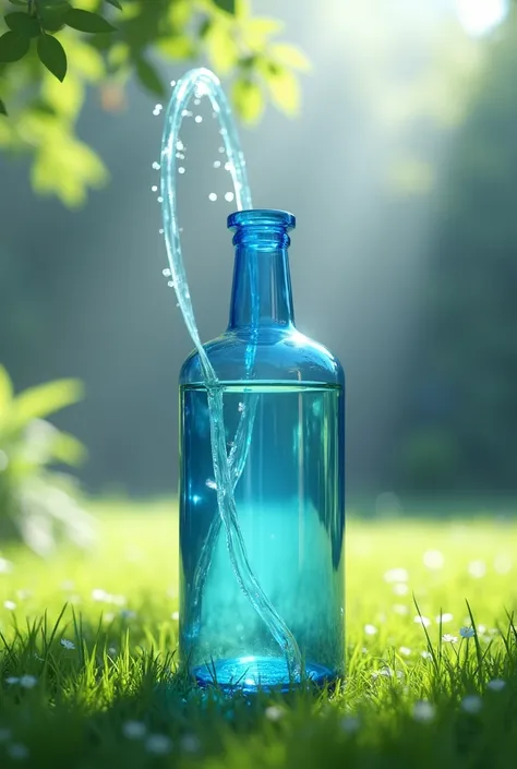 create a picture, a blue transparent bottle, on a lawn with a beautiful lawn, and a transparent water hose hanging from it