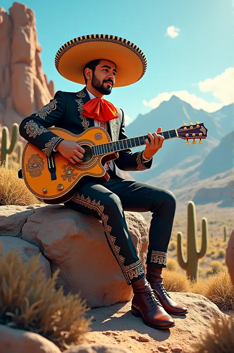 A mariachi sitting on a rock playing an electric guitar 