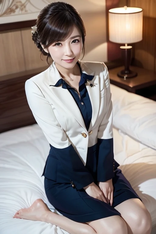 masterpiece、Photo quality、Japanese Mature、Businesswoman、business suit、Cotton tight skirt、(Updo:1.2)、smile、bangs、Droopy eyes、sexy、Beautiful flesh-colored thighs、A luxury hotel room、