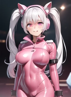 (photorealistic:1.4),best quality, ultra high res,
4k, instagram, 
higly detailed, ((SFW))
alice (nikke),(pink full bodysuit:1.4),animal ears, (fake animal ears:1.2), gloves, headphones, headset,
(jacket:1.3),(latex full bodysuit:1.3),(pink latex bodysuit:...