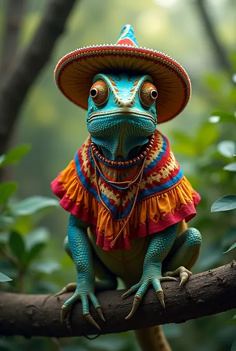 A chameleon in a typical Chilean costume