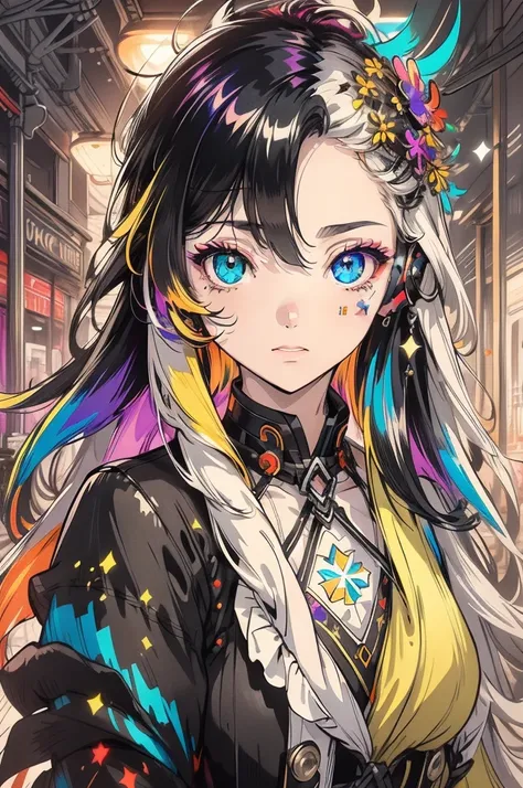 {{masterpiece}}, premium, CG unity 8k ultra detailed wallpaper, cinematic lighting, lens flare, Beautiful eye details, hair color:in black and white, color light, particle, heterochromia of the iris, (extremely colorful:1.5), (colorful hair:1.5),Headphones...