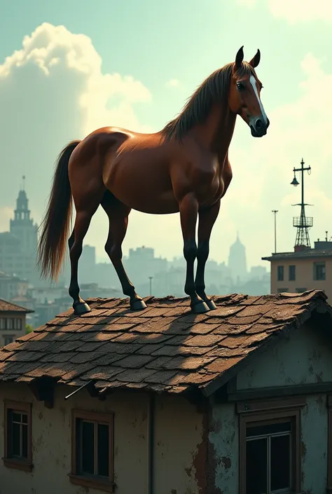 Create image of a horse stranded on a roof 