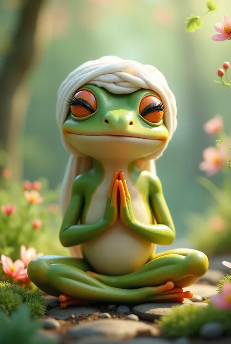 A cute female frog with closed eyes and eyelashes. With a white turban on his head, meditating with both hands placed in front of his chest in spring