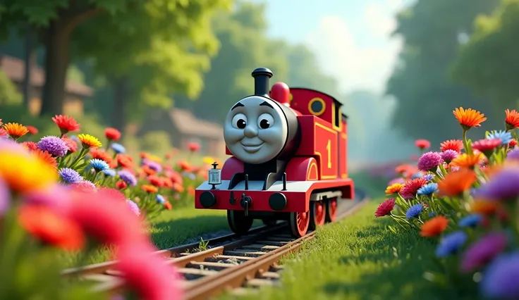 Red Thomas the Train runs in a flower garden.