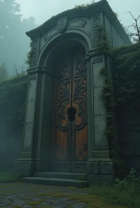 ."
A tall, abandoned building with a weathered wooden door. The door has intricate carvings and a large, ancient keyhole. The building is shrouded in mist, with overgrown vines creeping up its sides. The scene is dark and foreboding, with a sense of someth...