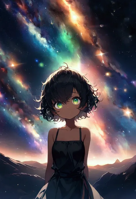 (((((Amazing scenery))))), Shiny hair, Backlights, Colorful, space, Sky, (night), (((galaxies))), Very short hair, small hair,  ((((short hair)))), (Messy hair), black hair, Work of art, (Blind in one eye), ((Galaxies between the hair)), ((Cute)), petite, ...