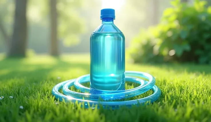 create a picture, a blue transparent plastic bottle, on a lawn with a beautiful lawn and a transparent watering hose hanging from it