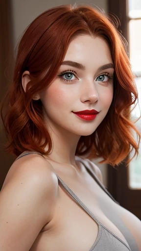 young Caucasian woman (((redhead))), (((eyes light grey))), thin face, full lips, red lipstick, soft makeup, large big breasts, medium hair, seductive smile