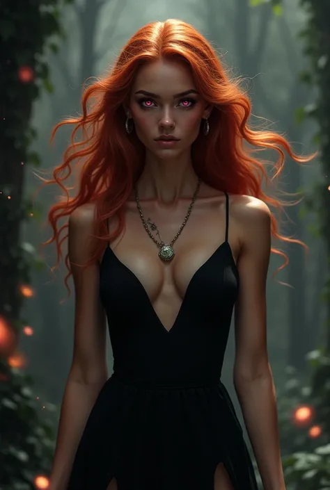 Tan woman with hot pink eyes, terracotta colored hair and wearing a black dress, and a witch 