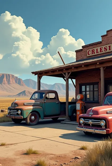 A gas station in the United States with classic trucks 