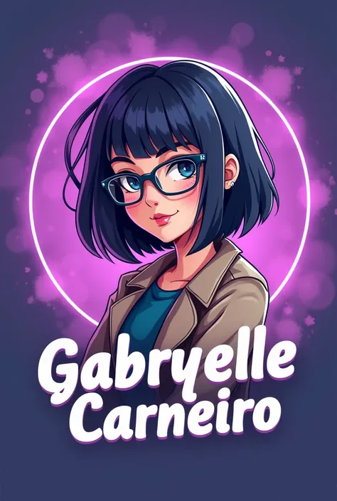 Logo for a digital design YouTube channel called Gabryelle Carneiro character with short hair and glasses, shoulder hair, purple background art colors, turquoise blue and beige