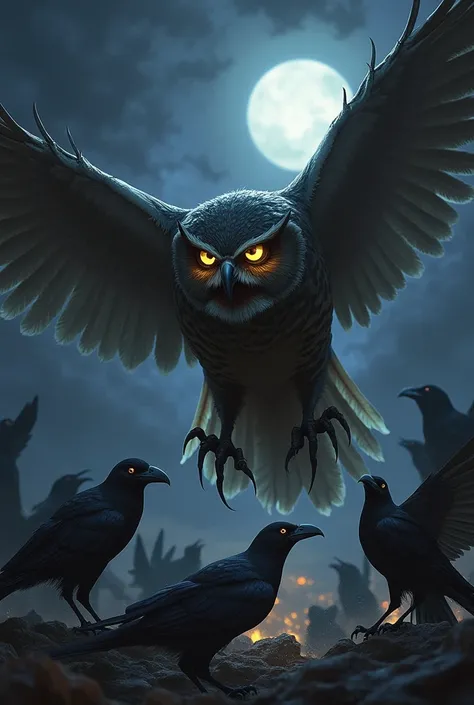 Create an image of night owls trampling crows to death. Highlight the owl