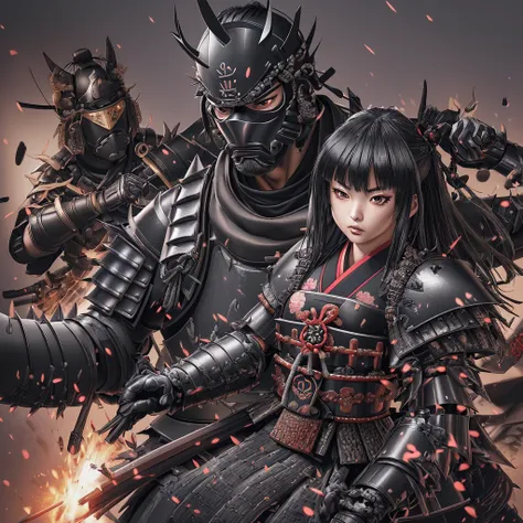 tactical samurai,tactical ,samurai,large metal chest armor ,police ,police uniform ,Samurai Kusazuri Armour,Samurai Kusazuri Armour ,(kusazuri ),japanese ,mix old style armour with new police riot ,riot ,standing muscular girl ,(revealing clothes ),spike, ...