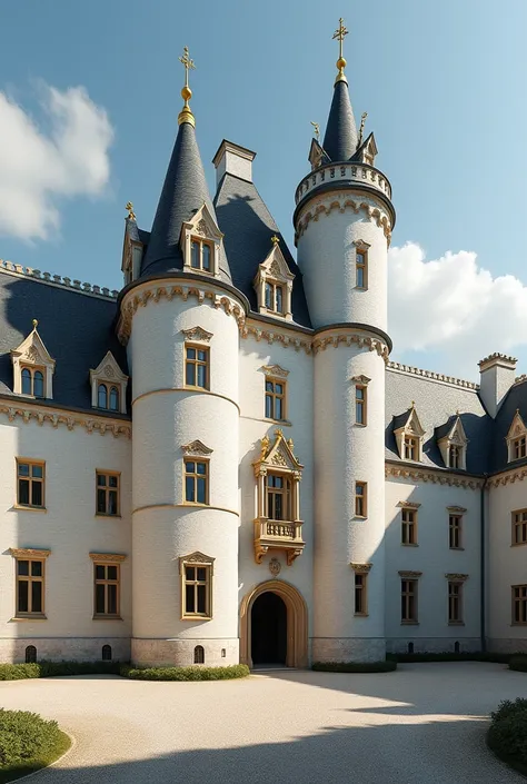 HUGE and WIDE white medieval brick castle with gold framing on the windows and a beautiful gravel courtyard and point rooftops